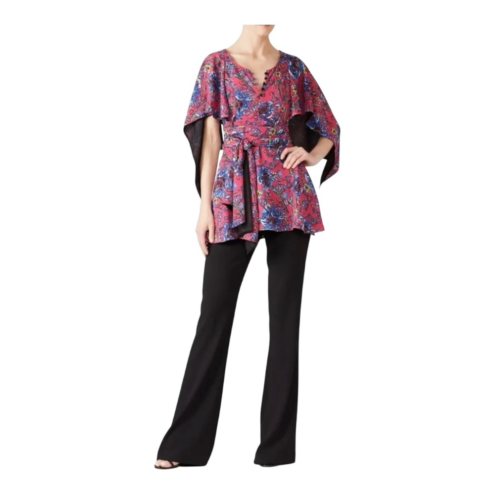 Prabal Gurung Collective Pink Floral Cape-Sleeve Belted Tunic Blouse Size 6